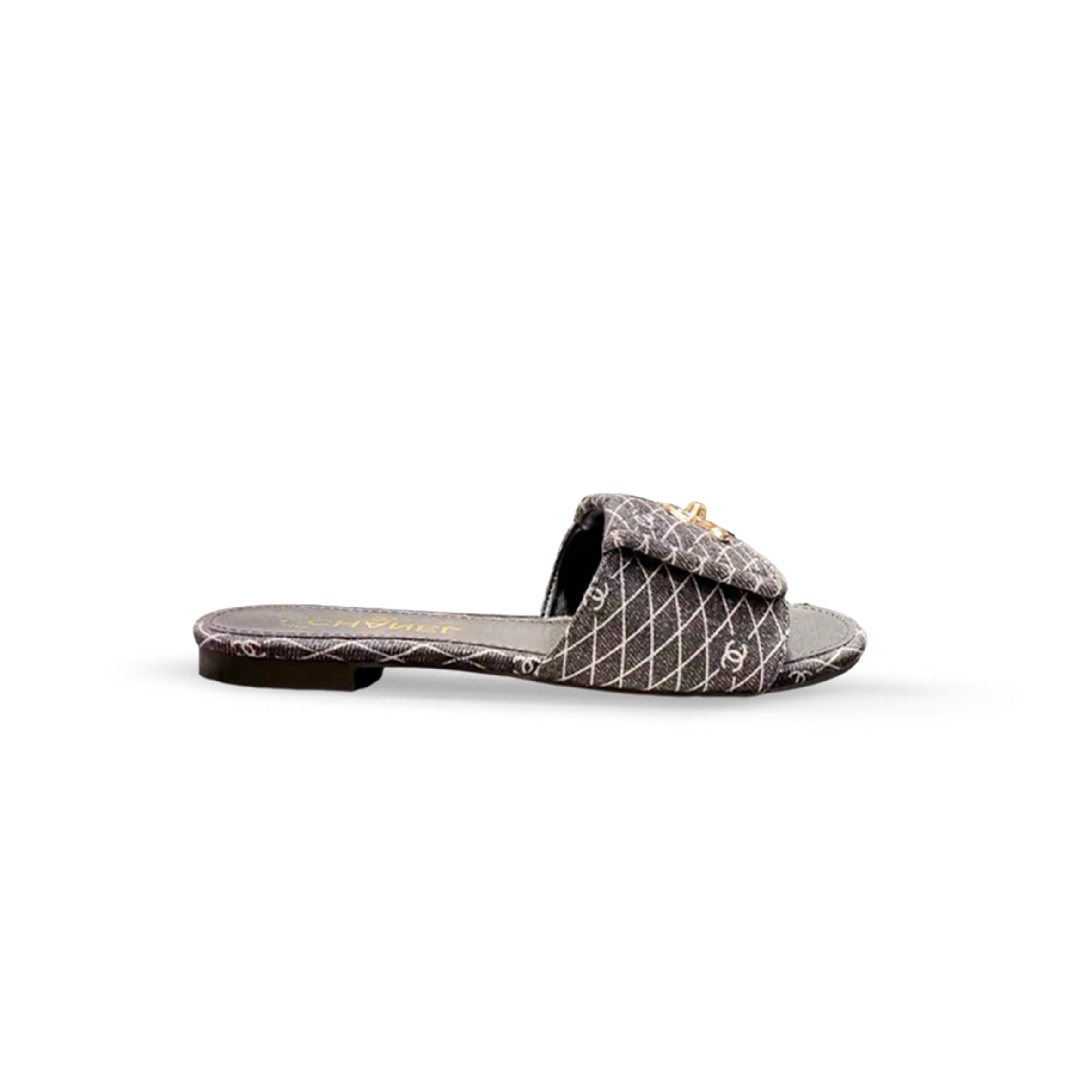 CHANEL DENIM QUILTED TURNLOCK FLAT MULES G46119